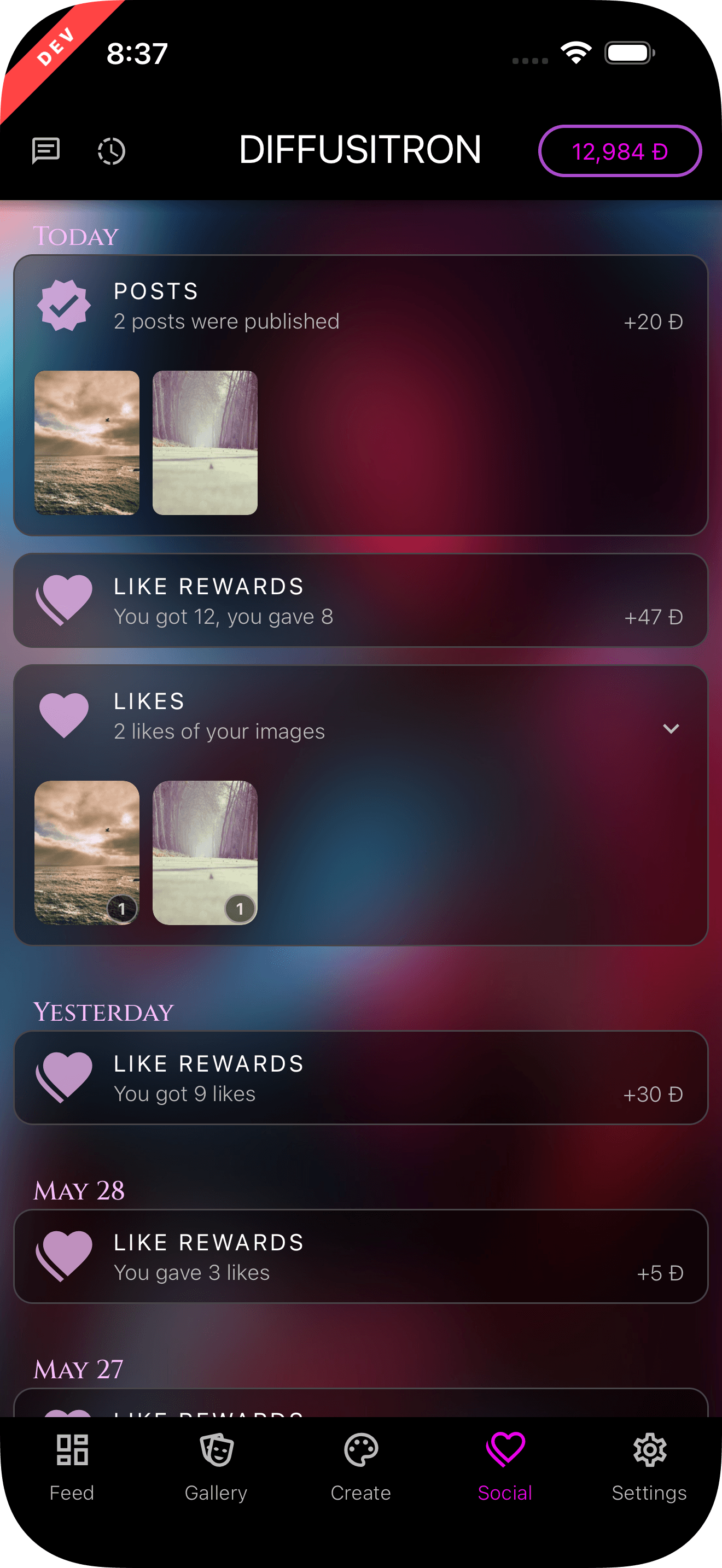 The like-reward card at the top of the Diffusitron inbox: a LIKE REWARDS label, a plus-Diffies tally, and a line summarizing likes received and given.